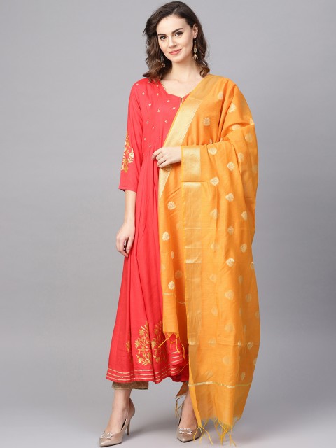 

PINKSKY Women Coral Red & Beige Yoke Design Foil Print Kurta with Trousers & Dupatta