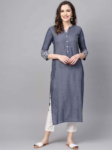 

PINKSKY Women Blue & White Solid Kurta with Trousers
