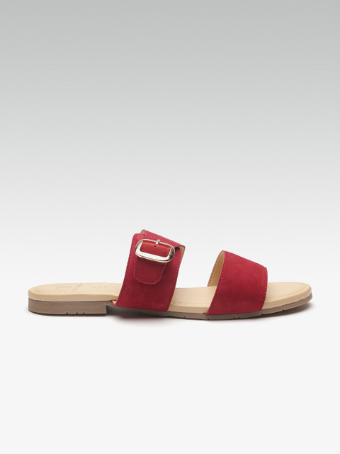

Carlton London Women Maroon Solid Suede Open Toe Flats with Buckle Detail