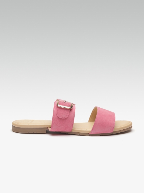 

Carlton London Women Pink Solid Suede Open Toe Flats with Buckle Detail