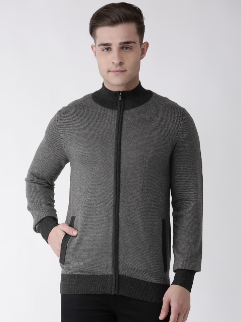 

Celio Men Charcoal Grey Self Design Front-Open Sweater