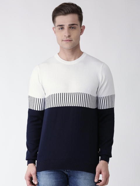 

Celio Men Navy Blue & White Colourblocked Pullover Sweater