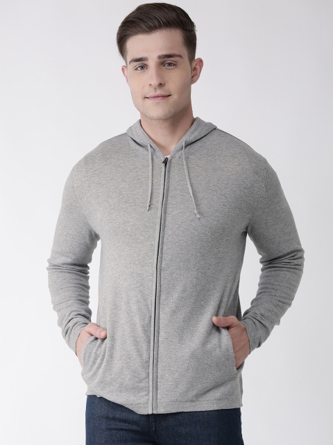 Men Grey Melange Solid Hooded Sweatshirt