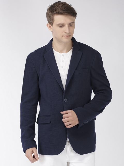 Men Navy Blue Self-Design Slim Fit Single-Breasted Cotton Casual Pure Cotton Blazer