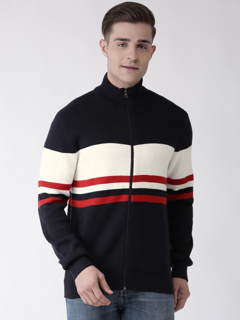 

Celio Men Navy Blue & Off-White Striped Front-Open Sweater