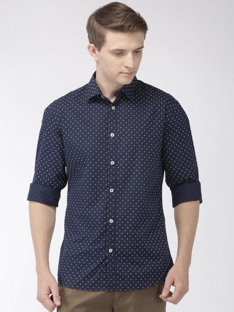 Men Navy Blue Printed Regular Fit Cotton Casual Shirt