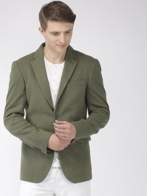 Men Olive Green Self-Design Slim Fit Single-Breasted Cotton Casual Pure Cotton Blazer