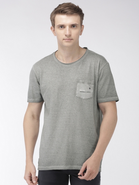 Men Grey Striped Round Neck Pure Cotton T-shirt