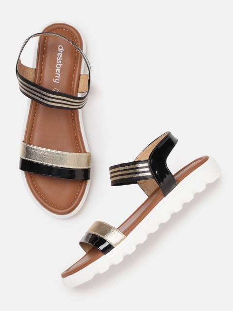 

DressBerry Women Gold-Toned & Black Striped Open Toe Flats