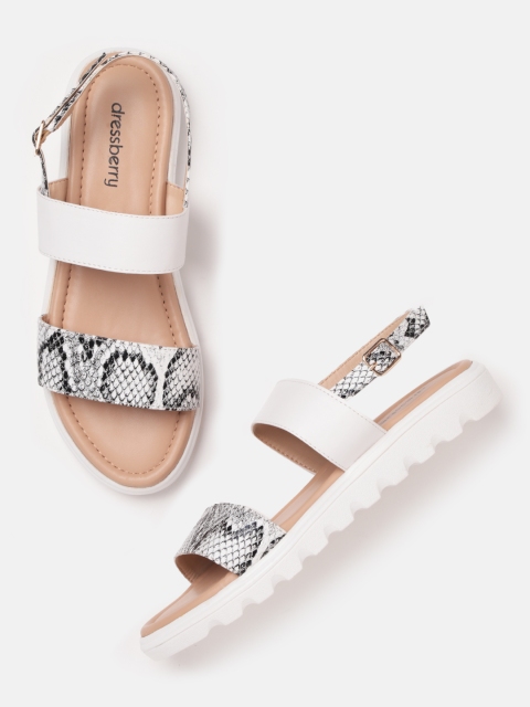 

DressBerry Women White & Black Snakeskin Textured Open Toe Flats