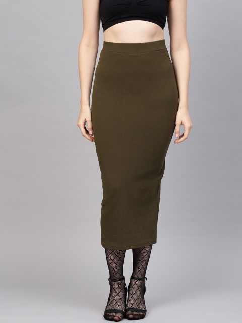 

SASSAFRAS Women Olive Green Solid Pencil Skirt