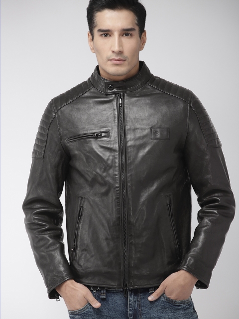 

Tommy Hilfiger Men Black Solid Leather Jacket