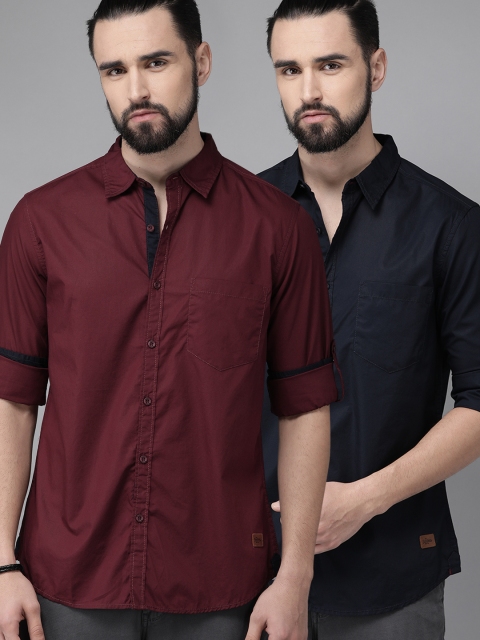 

Roadster Men Pack of 2 Regular Fit Solid Casual Shirt, Navy blue