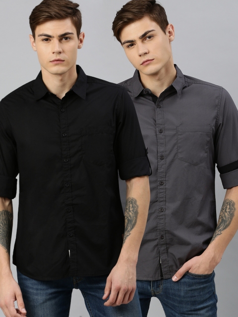 Men Black & Grey Regular Fit Pack of Two Solid Sustainable Casual Shirts
