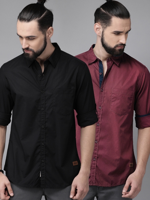 

The Roadster Lifestyle Co Men Pack of 2 Regular Fit Solid Casual Shirt, Black