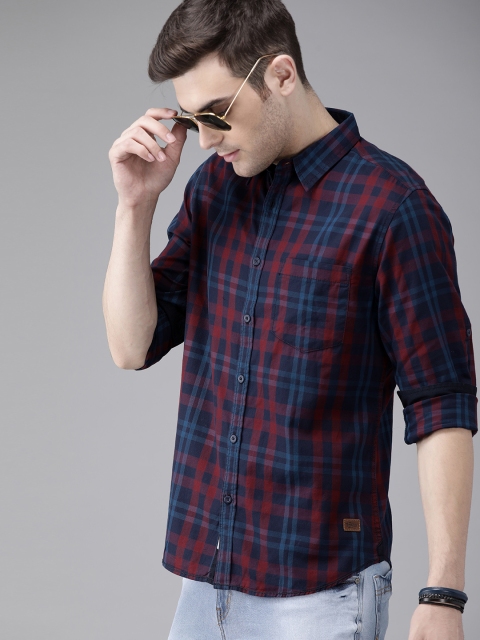 Men Navy Blue & Maroon Checked Sustainable Casual Shirt