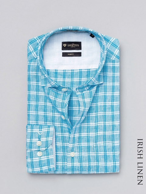 

INVICTUS Blue & White Checked Slim Fit Pure Linen Formal Shirt