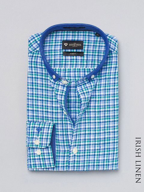 

INVICTUS Blue Checked Slim Fit Pure Linen Formal Shirt