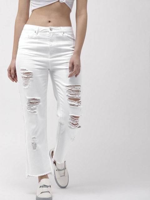 

FOREVER 21 Women White Regular Fit Mid-Rise Highly Distressed Jeans