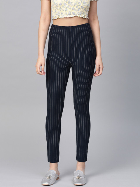 

FOREVER 21 Women Navy & White Striped Ankle Length Leggings, Navy blue