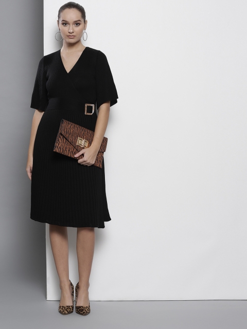 

DOROTHY PERKINS Women Ribbed Black Wrap Dress