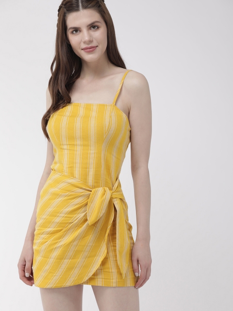 

FOREVER 21 Women Mustard Yellow & White Striped Wrap Dress