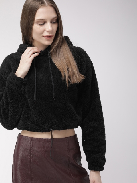 

FOREVER 21 Women Black Solid Hooded Cropped Fleece Jacket