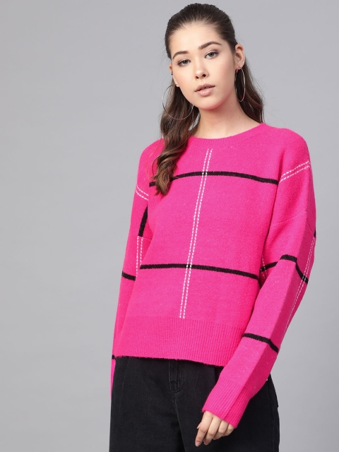 

FOREVER 21 Women Pink & Black Checked Pullover Sweater