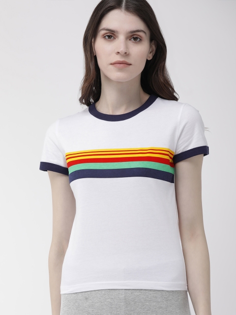 

FOREVER 21 Women White Striped Round Neck T-shirt