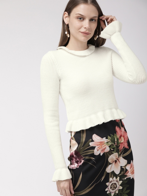 

FOREVER 21 Women White Ribbed Pullover Sweater