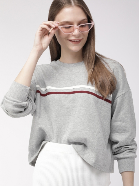 

FOREVER 21 Women Grey Melange & White Striped Sweatshirt