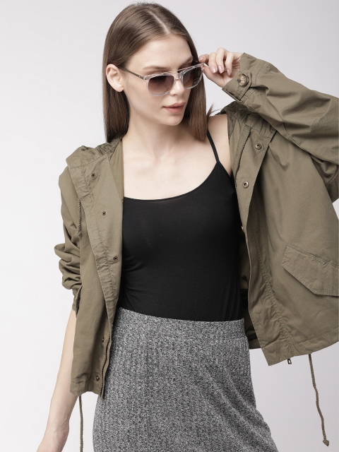 

FOREVER 21 Women Olive Green Solid Hooded Tailored Jacket