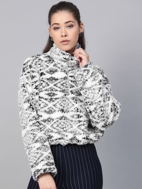 

FOREVER 21 Women White & Black Self Design Sweatshirt