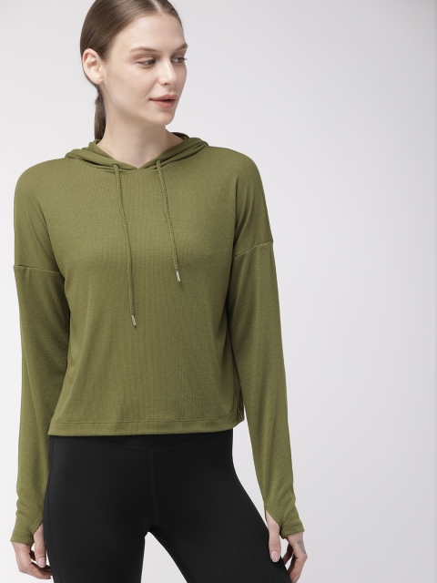 

FOREVER 21 Women Olive Green Solid Knitted Hooded Top