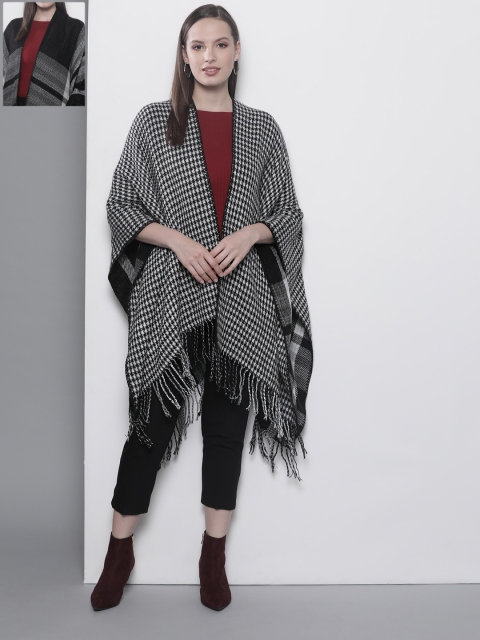 

DOROTHY PERKINS Women Black & White Checked Reversible Open Front Cape Winter Shrug