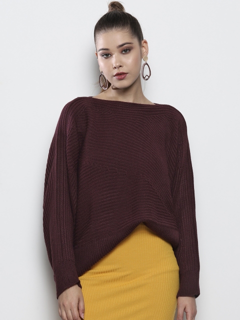 

DOROTHY PERKINS Women Wine-Coloured Ribbed Pullover Sweater, Purple