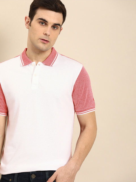 

ether Men Red & White Solid Polo Collar T-shirt