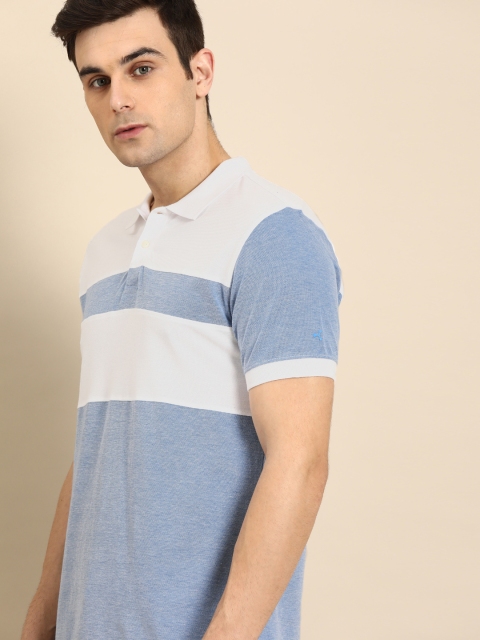 

ether Men White & Blue Colourblocked Polo Collar T-shirt