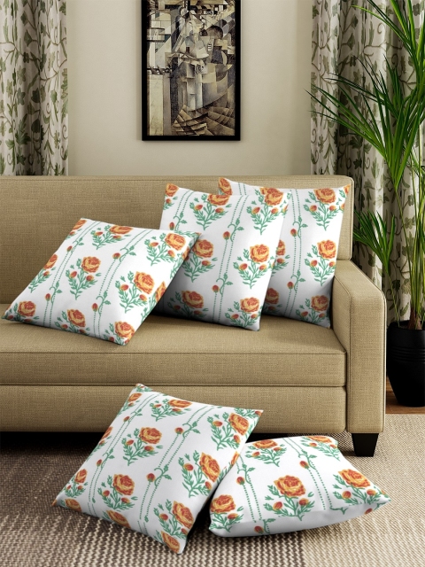 

NEUDIS White & Brown Set of 5 Floral Square Cushion Covers