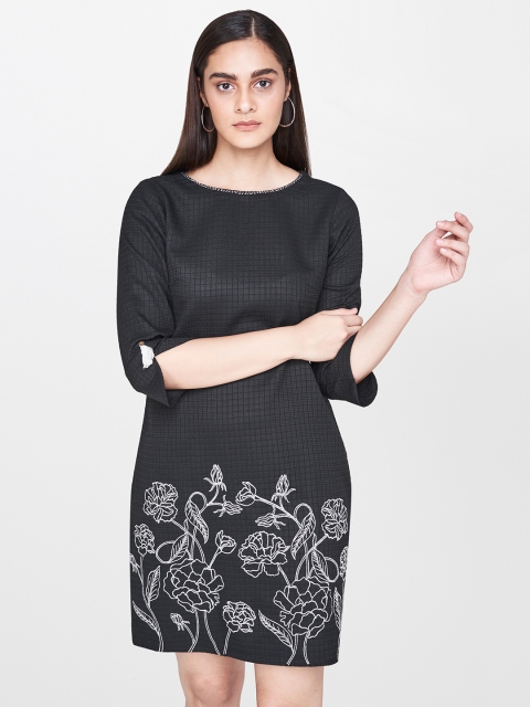 

AND Women Black Black Floral Embroidered Sheath Dress