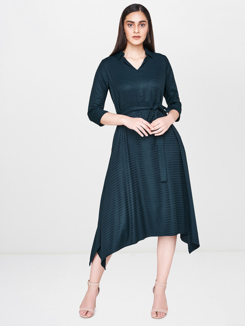

AND Women Teal Blue Self Design Fit and Flare Dress