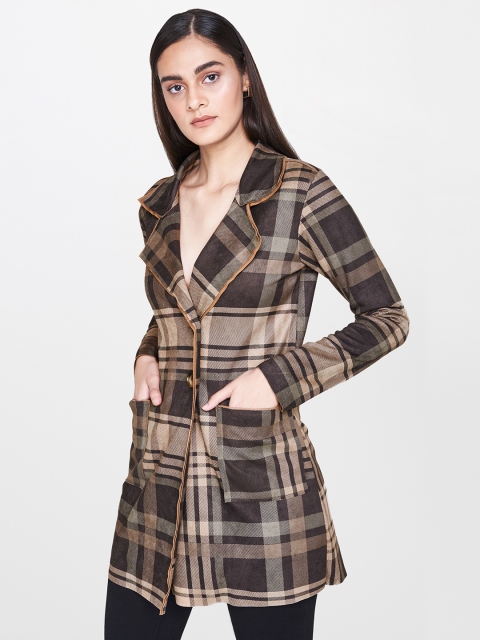 

AND Women Brown Checked Open Front Jacket