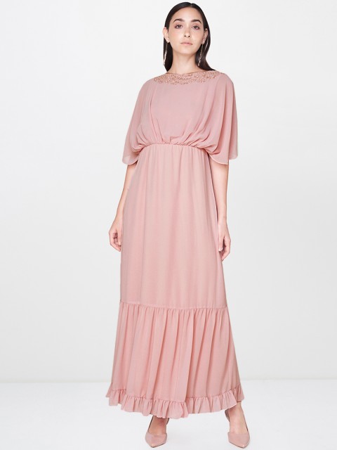 

AND Women Pink Solid Maxi Embellished Dress