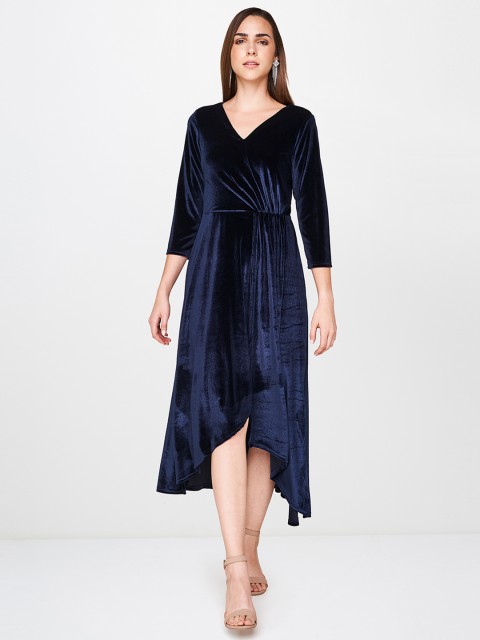 

AND Women Navy Blue Solid Fit and Flare Dress