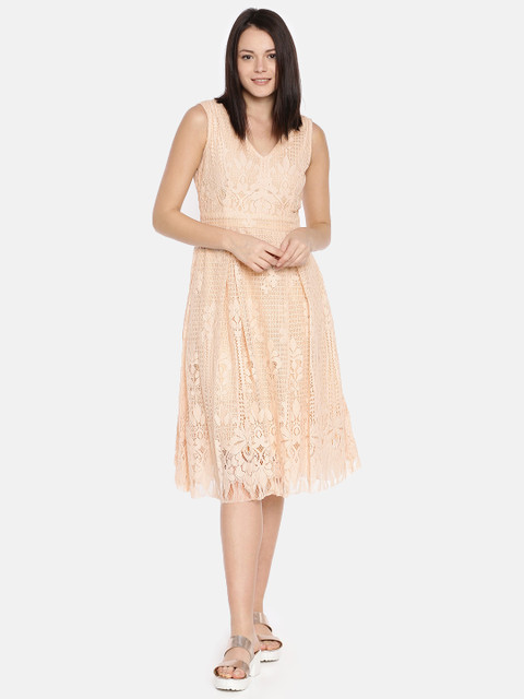 

AND Women Cream-Coloured Self Design Lace Fit and Flare Dress