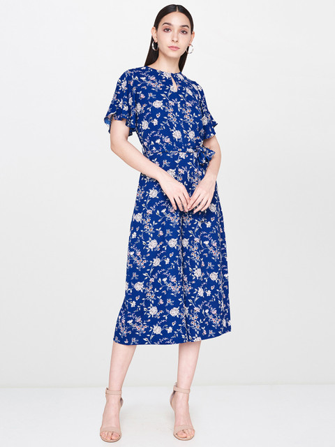 

AND Women Navy Blue & Off-White Floral Printed Basic Jumpsuit