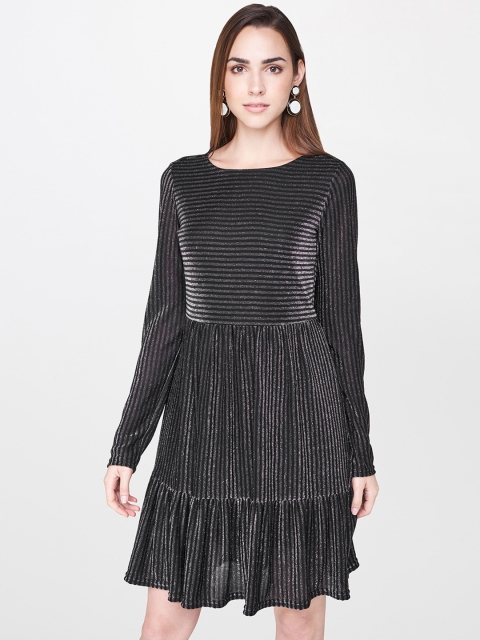 

AND Women Black & Silver-Toned Striped Tiered Fit and Flare Dress
