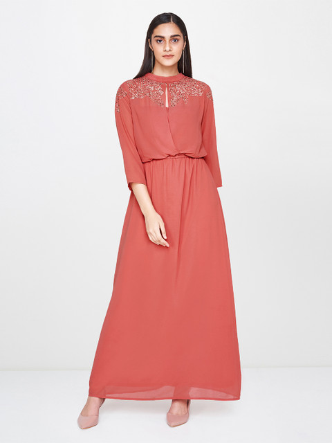 

AND Women Embellished Coral Fit and Flare Dress