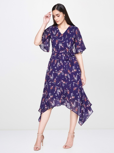 

AND Women Blue Floral Printed Fit and Flare Dress