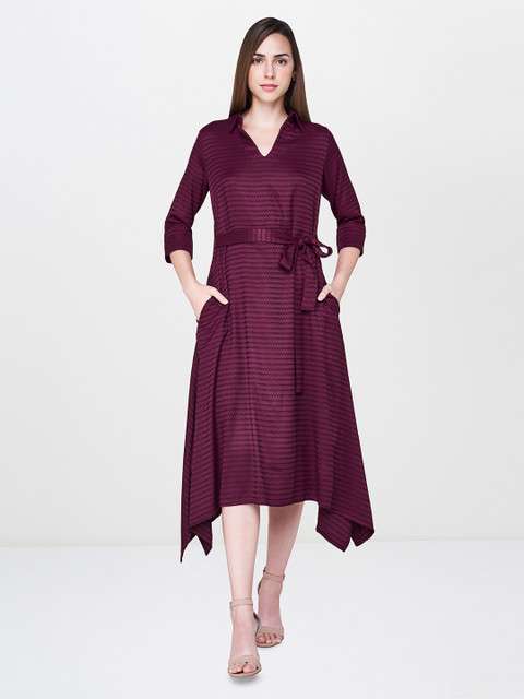 

AND Women Burgundy Self Design A-Line Dress